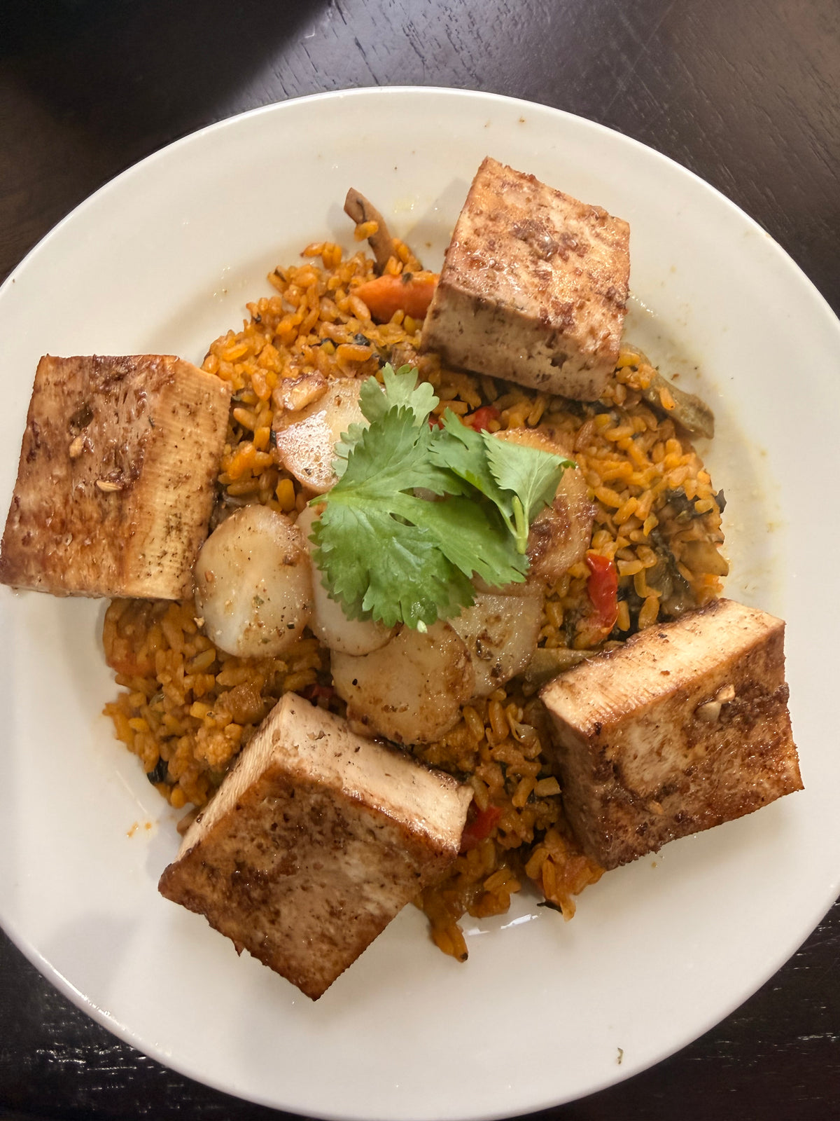 Teriyaki Tofu with water chestnuts and veggies on a bed of seasoned rice